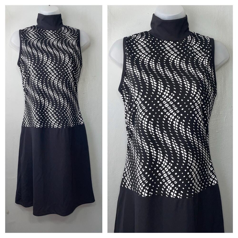 Vintage Rag Dress Size Medium Black White Sleeveless Drop Waist Geometric Dots